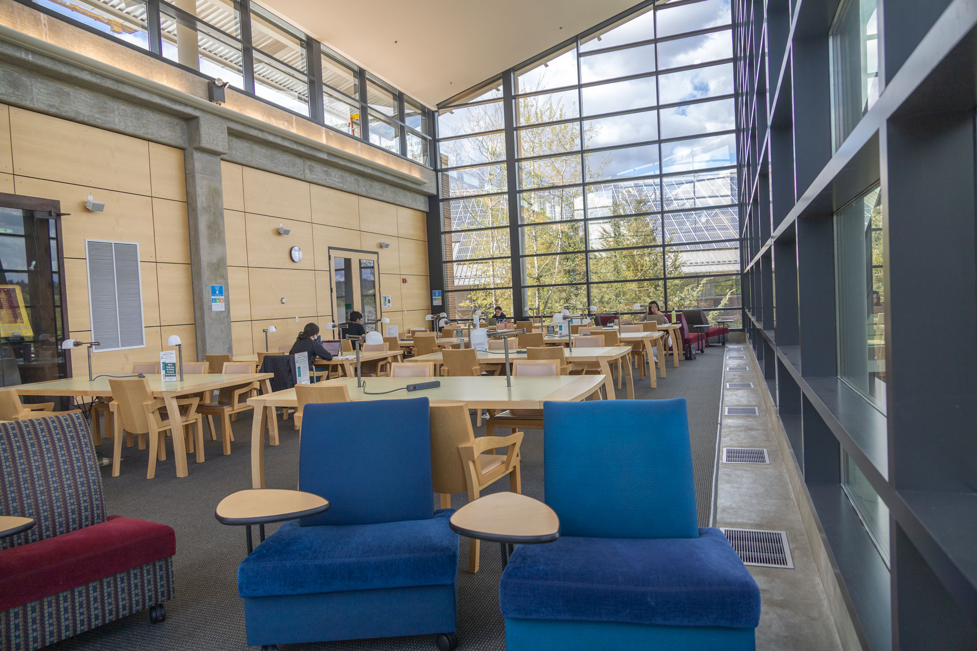 A spacious study room with lots of windows