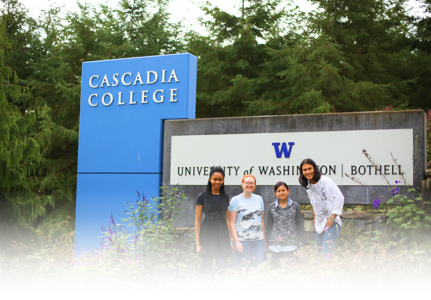 Entrance sign reads Cascadia College and University of Washington Bothell